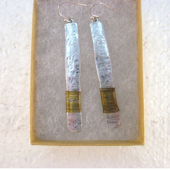 Hammered Aluminum with Copper Wire Wrap Stick Pierced Earrings - Picture 7 of 8
